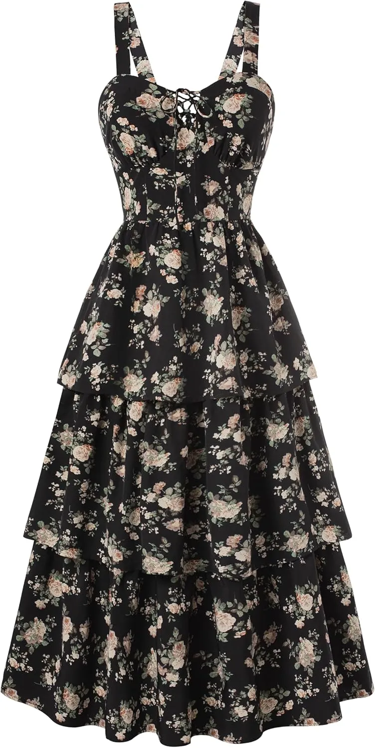Scarlet Darkness Women's Floral Maxi Dress Summer Wedding Guest Dress Tiered Sleeveless Lace Up Corset Sundress
