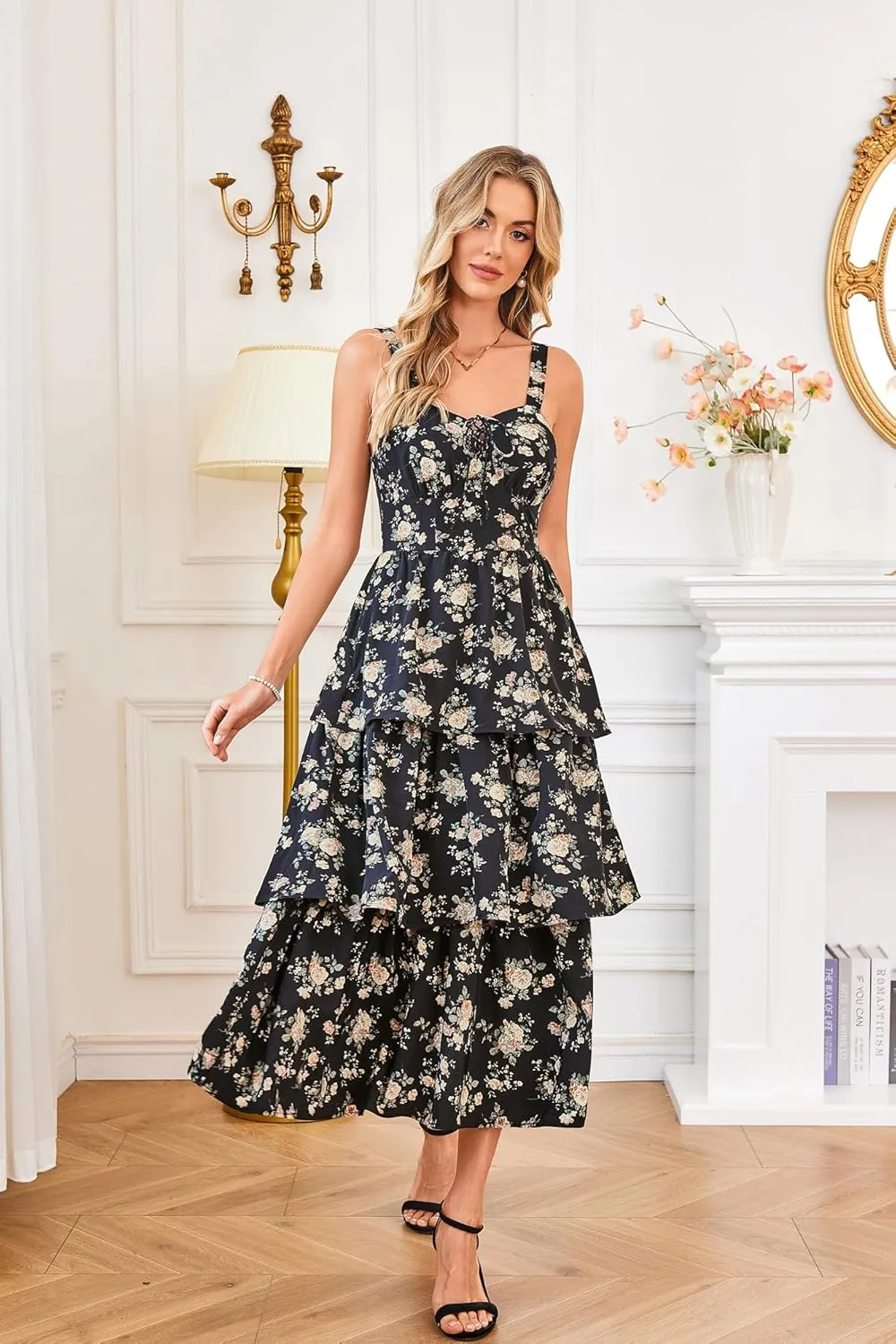 Scarlet Darkness Women's Floral Maxi Dress Summer Wedding Guest Dress Tiered Sleeveless Lace Up Corset Sundress