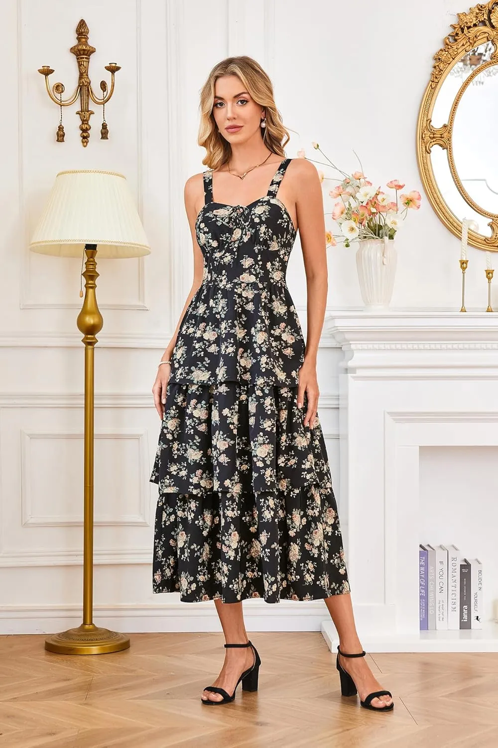 Scarlet Darkness Women's Floral Maxi Dress Summer Wedding Guest Dress Tiered Sleeveless Lace Up Corset Sundress