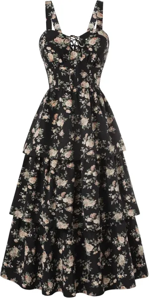 Scarlet Darkness Women's Floral Maxi Dress Summer Wedding Guest Dress Tiered Sleeveless Lace Up Corset Sundress