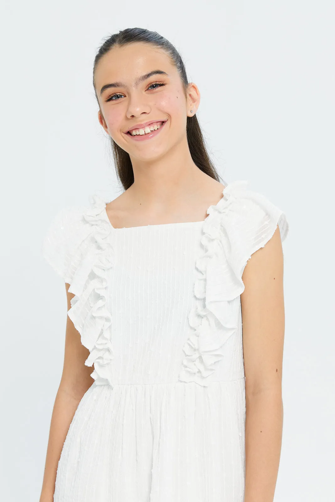 Senior Girls White Dobby Lurex Ruffled Front Dress