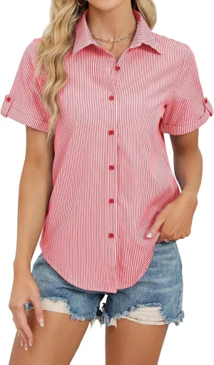sillteelon Button Down Shirt for Women Cotton Striped Dress Shirts Short Sleeve Summer Button Up Collared Office Work Blouses