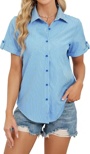 sillteelon Button Down Shirt for Women Cotton Striped Dress Shirts Short Sleeve Summer Button Up Collared Office Work Blouses