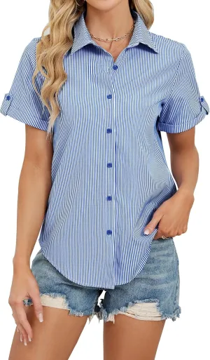 sillteelon Button Down Shirt for Women Cotton Striped Dress Shirts Short Sleeve Summer Button Up Collared Office Work Blouses