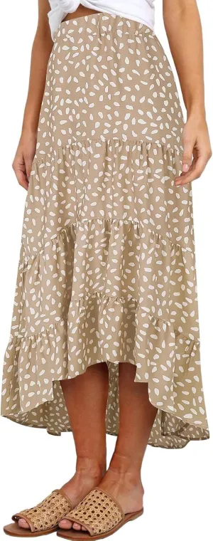 SimpleFun Women's Long Skirts Boho Floral Elastic High Waist Asymmetrical Hem Midi Skirt