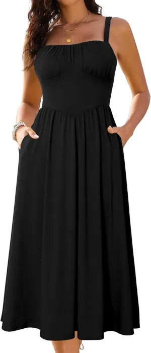 Sureple Long Dresses for Women 2025 Sleeveless Ruched Bust Swing Aline Fitted Spaghetti Strap Sundress with Pockets