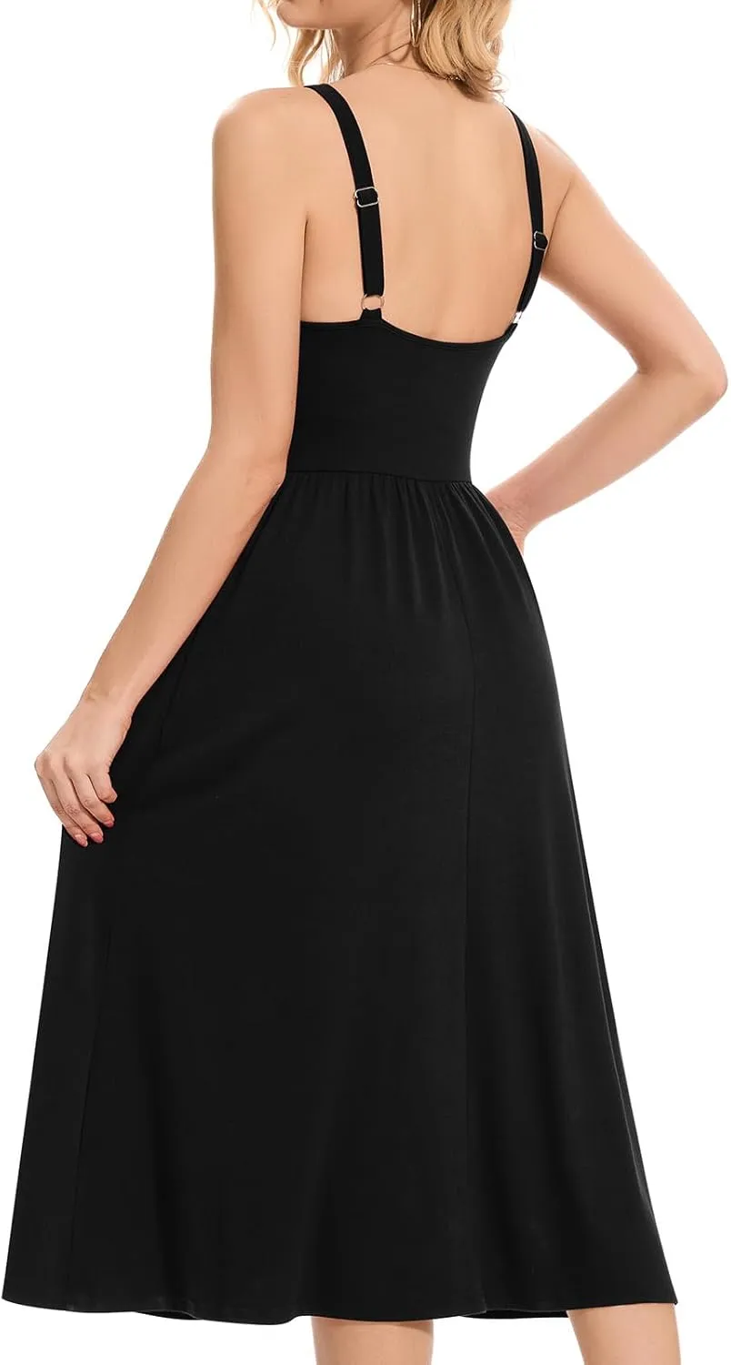 Sureple Long Dresses for Women 2025 Sleeveless Ruched Bust Swing Aline Fitted Spaghetti Strap Sundress with Pockets