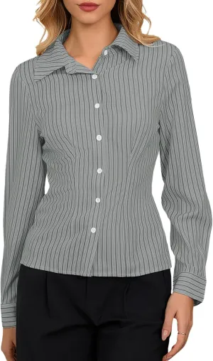 SweatyRocks Women's Striped Button Down Slim Fit Shirt Long Sleeve Collar Work Blouse Tops
