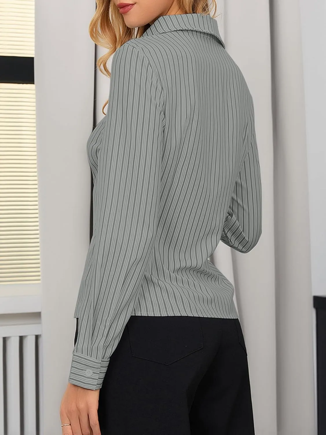 SweatyRocks Women's Striped Button Down Slim Fit Shirt Long Sleeve Collar Work Blouse Tops