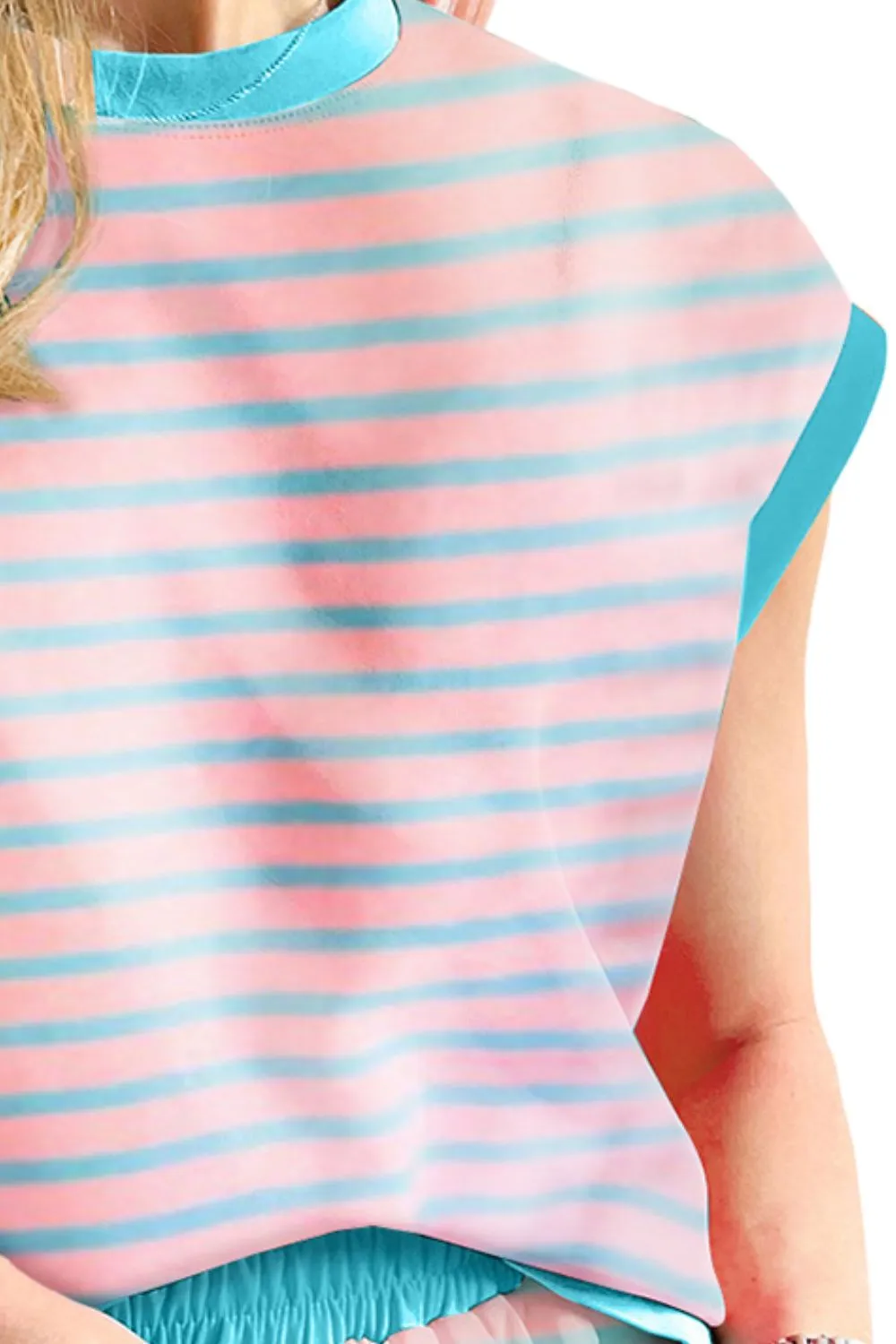 TEEK - Blush Pink Contrast Trim Striped Top Shorts Set