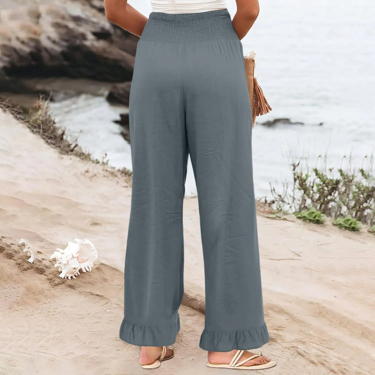 Wide Leg Linen Pants for Women High Waisted Ruffle Hem Palazzo Pants Boho Summer Casual Loose Flowy Pant Trousers