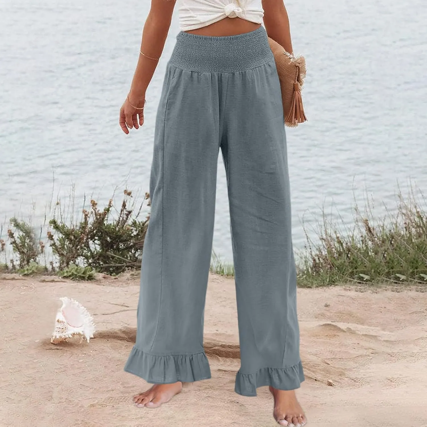 Wide Leg Linen Pants for Women High Waisted Ruffle Hem Palazzo Pants Boho Summer Casual Loose Flowy Pant Trousers