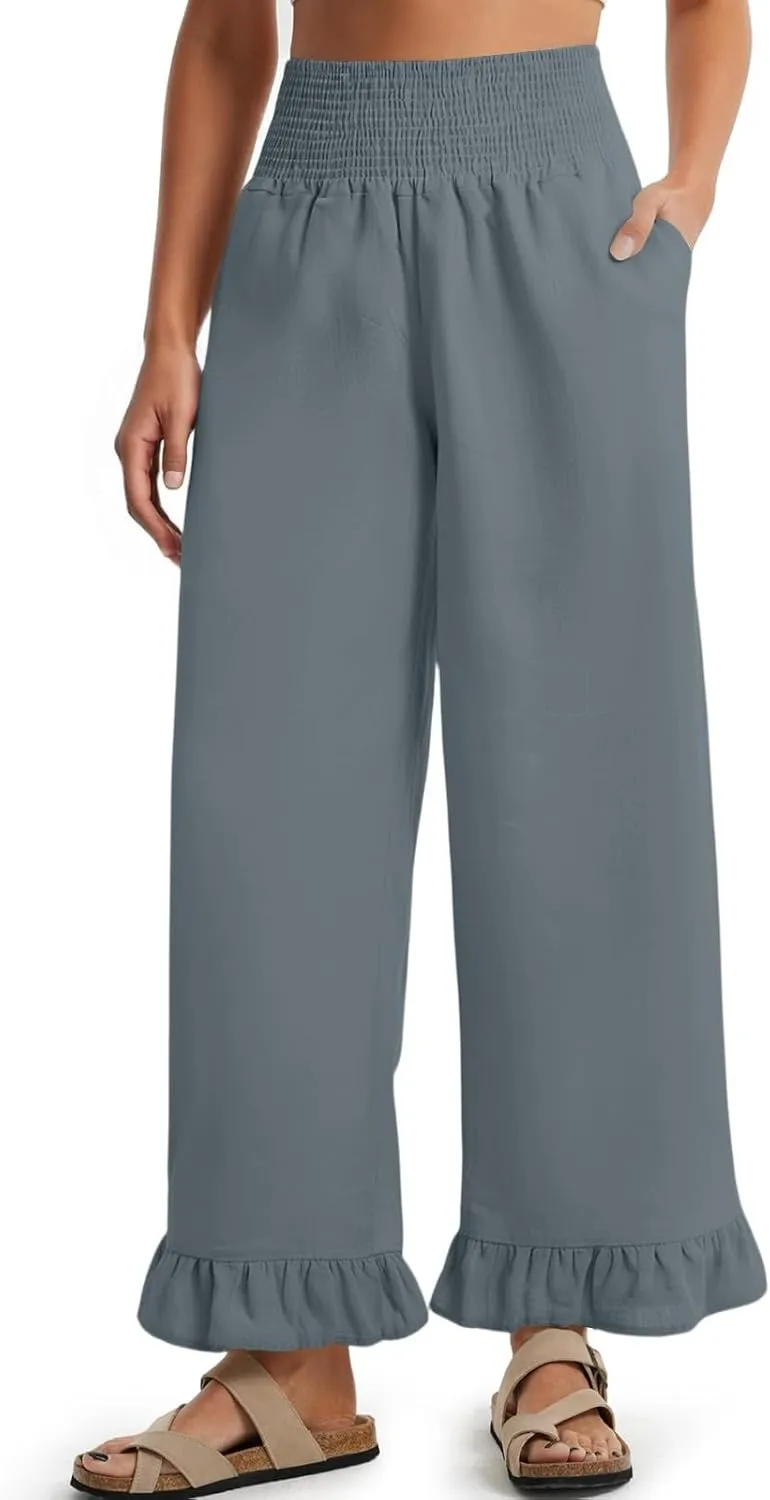 Wide Leg Linen Pants for Women High Waisted Ruffle Hem Palazzo Pants Boho Summer Casual Loose Flowy Pant Trousers