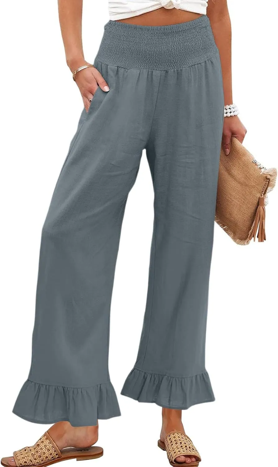 Wide Leg Linen Pants for Women High Waisted Ruffle Hem Palazzo Pants Boho Summer Casual Loose Flowy Pant Trousers