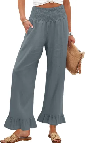 Wide Leg Linen Pants for Women High Waisted Ruffle Hem Palazzo Pants Boho Summer Casual Loose Flowy Pant Trousers