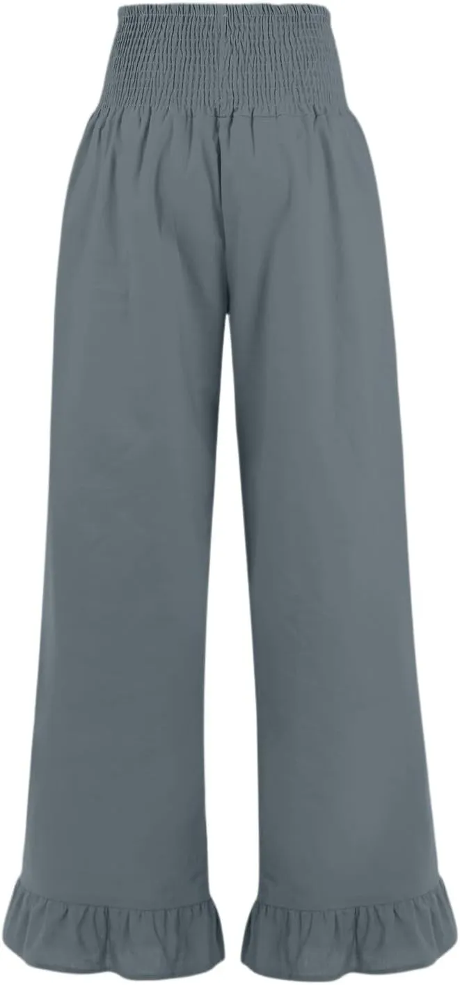 Wide Leg Linen Pants for Women High Waisted Ruffle Hem Palazzo Pants Boho Summer Casual Loose Flowy Pant Trousers