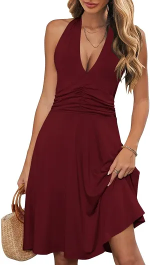 Wkior Womens Sundress Summer Beach Vacation Sleeveless Halter Neck A-Line 2025 Boho Floral Midi Dress with Pockets