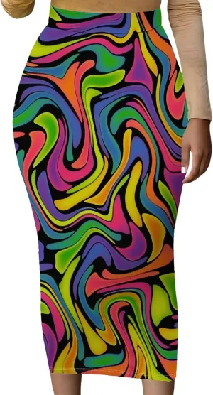 Women Bodycon Vintage Print Midi Skirt High Waist Sexy Pencil Skirt