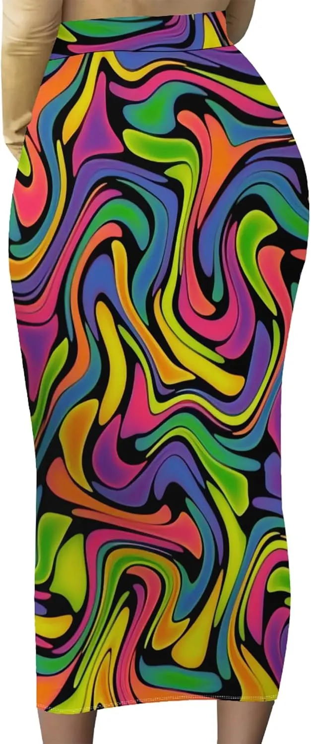 Women Bodycon Vintage Print Midi Skirt High Waist Sexy Pencil Skirt