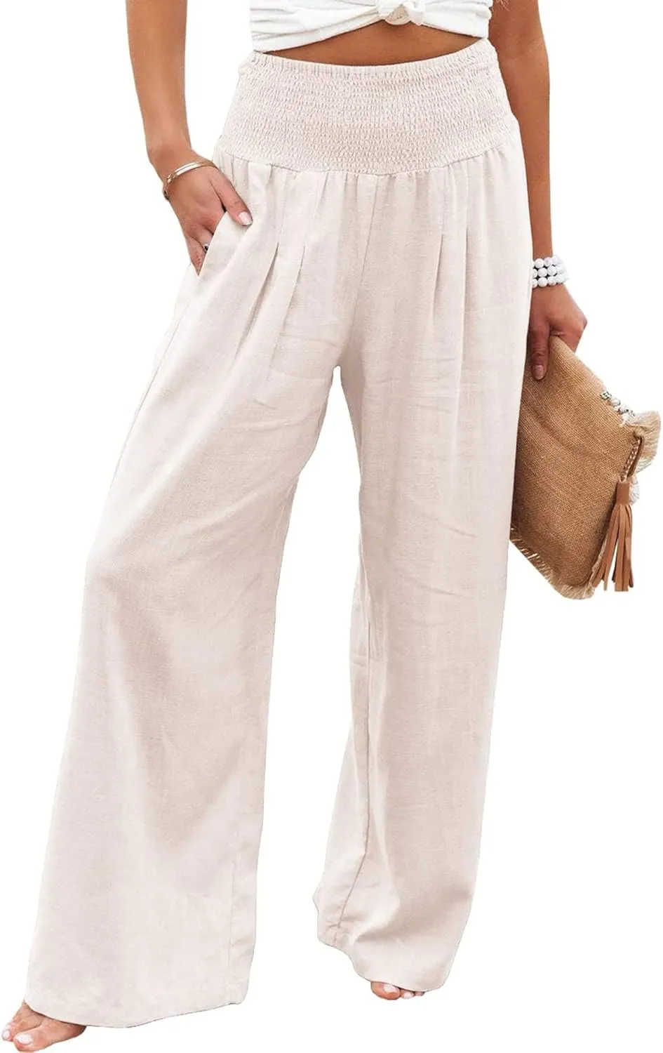 Women's Linen Palazzo Pants Summer High Waisted Boho Wide Leg Long Lounge Pant Trousers with Pocket