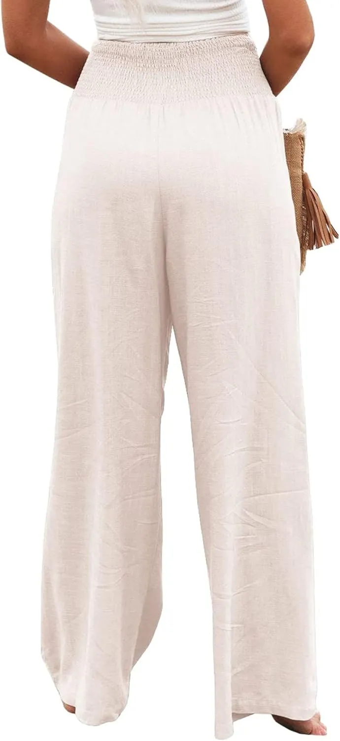 Women's Linen Palazzo Pants Summer High Waisted Boho Wide Leg Long Lounge Pant Trousers with Pocket