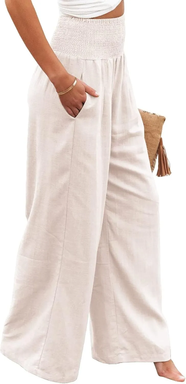 Women's Linen Palazzo Pants Summer High Waisted Boho Wide Leg Long Lounge Pant Trousers with Pocket
