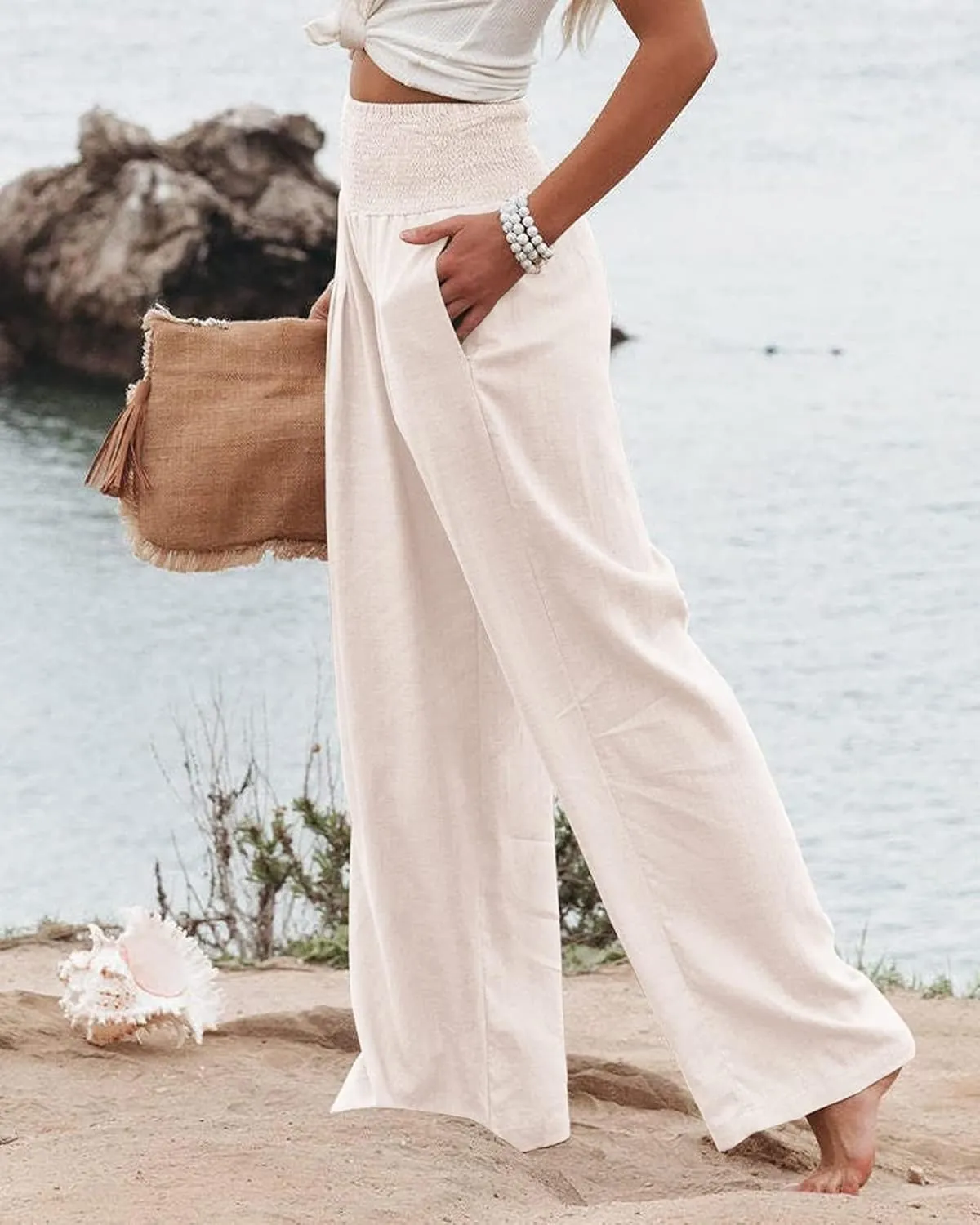Women's Linen Palazzo Pants Summer High Waisted Boho Wide Leg Long Lounge Pant Trousers with Pocket
