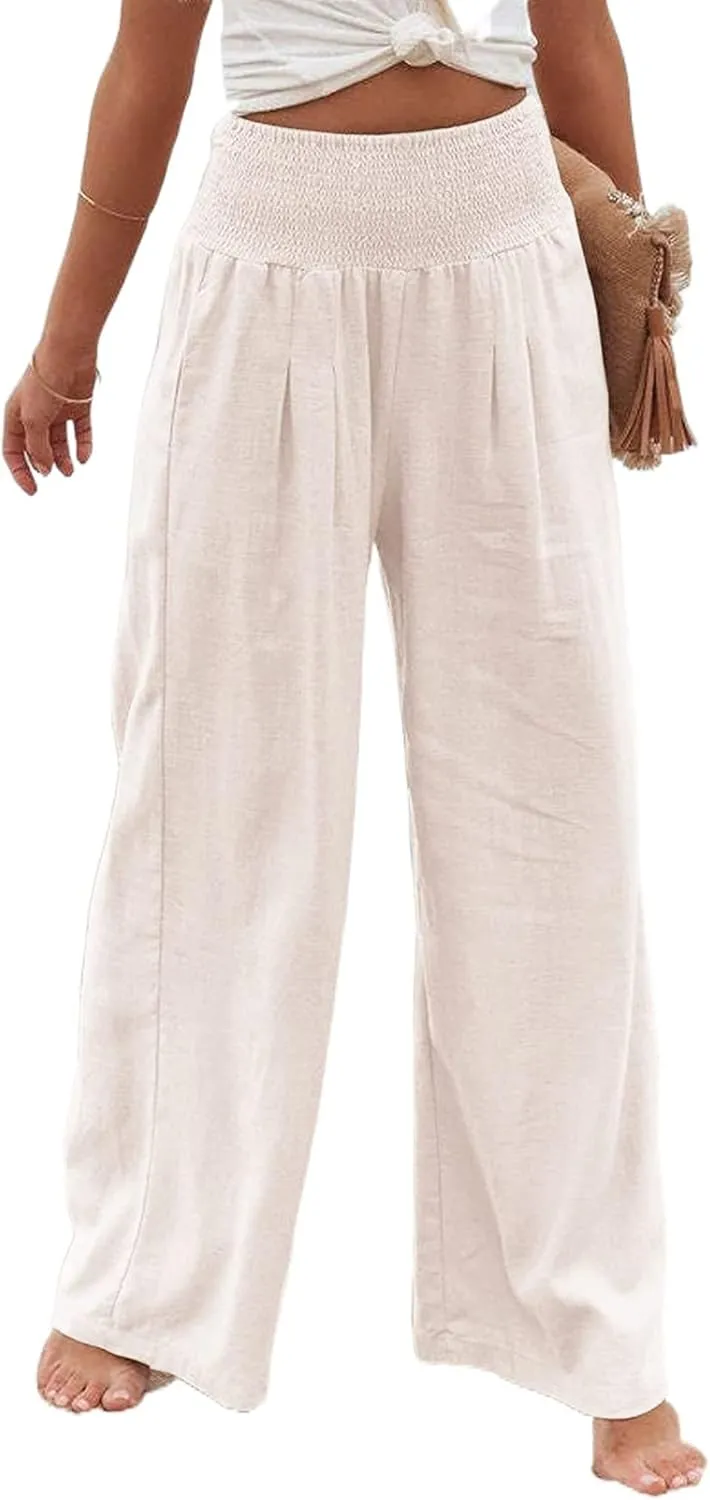 Women's Linen Palazzo Pants Summer High Waisted Boho Wide Leg Long Lounge Pant Trousers with Pocket