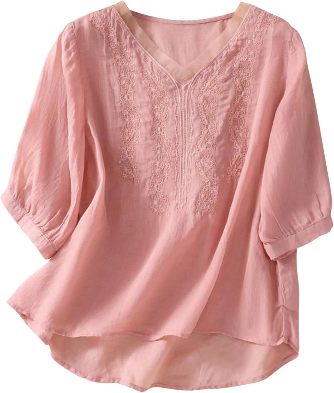 Womens Peasant Tops and Blouses Summer Fashion Embroidered Shirts Fashion Short Sleeve Cotton Linen Shirt