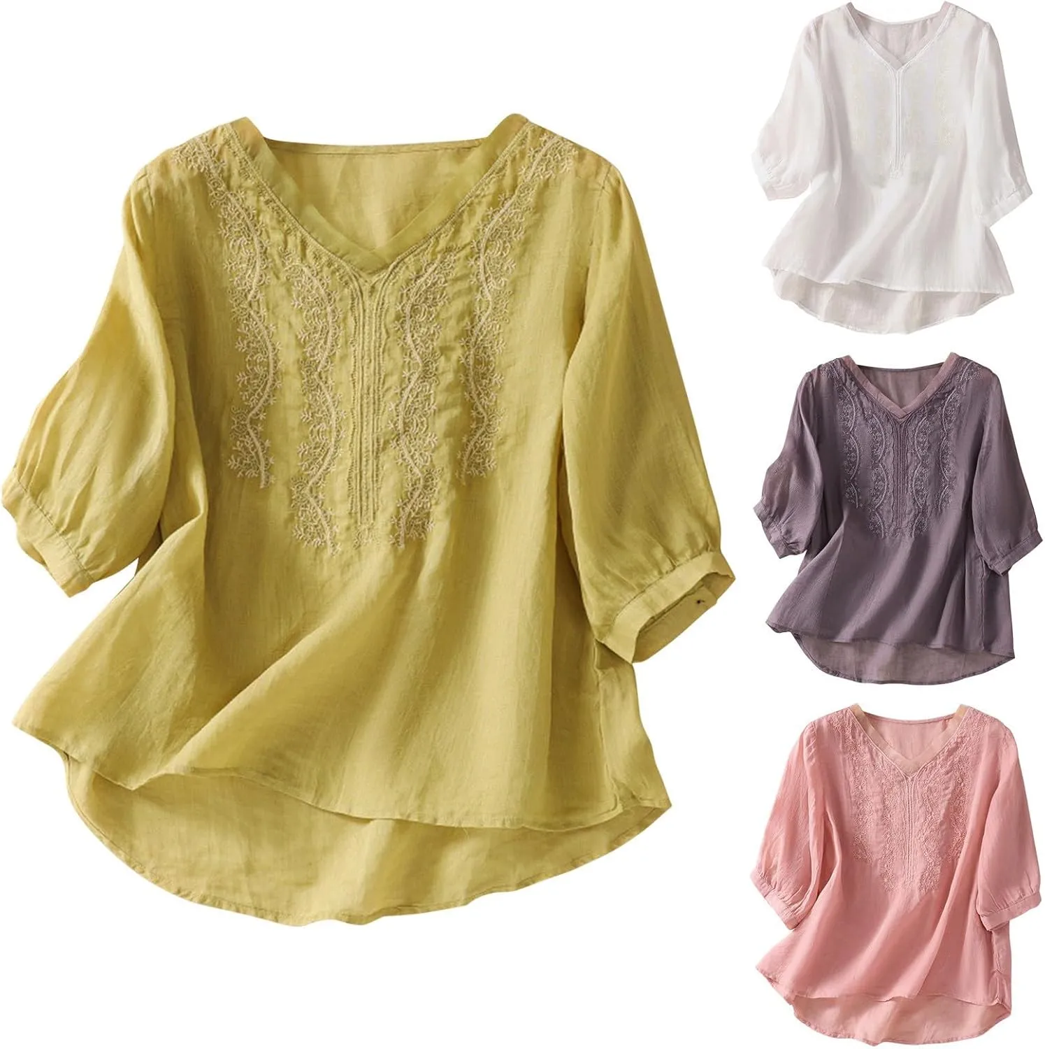 Womens Peasant Tops and Blouses Summer Fashion Embroidered Shirts Fashion Short Sleeve Cotton Linen Shirt