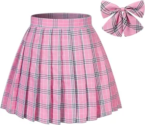 Women's Plaid Pleated Skirt Pink High Waisted JK School Uniform A-line Mini Skirt with Bow Ties Cosplay Costumes