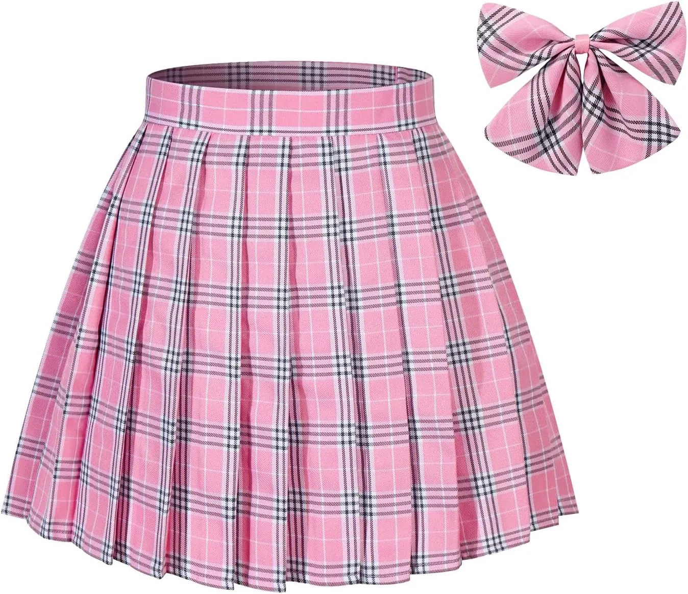 Women's Plaid Pleated Skirt Pink High Waisted JK School Uniform A-line Mini Skirt with Bow Ties Cosplay Costumes