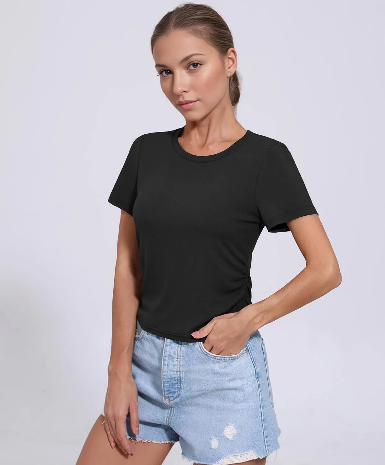 Women's Summer Short Sleeve Tops Crewneck Ruched Stretch Slim Fit Crop Basic T-Shirt Casual Going Out