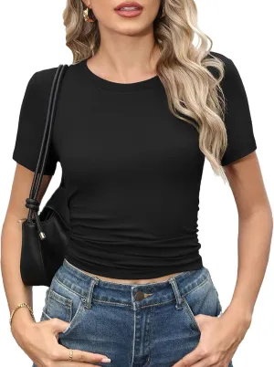 Women's Summer Short Sleeve Tops Crewneck Ruched Stretch Slim Fit Crop Basic T-Shirt Casual Going Out