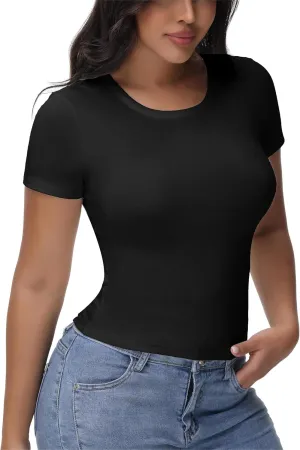 Womens T Shirts Basic Short Sleeve Crew Neck Slim Fit Tees Summer Workout Casual Bodycon Tops 2025