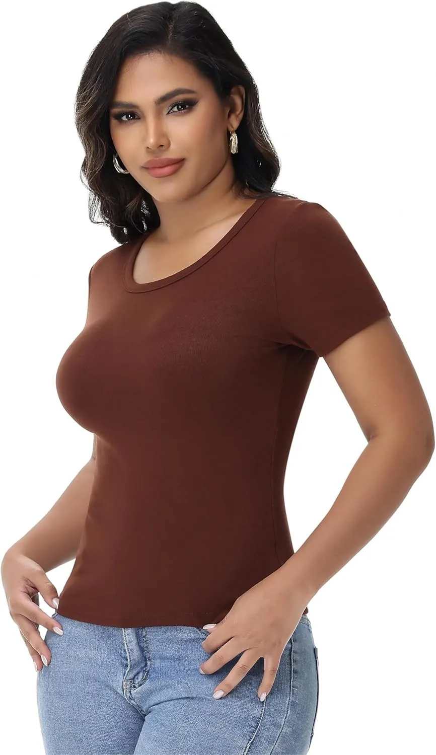 Womens T Shirts Basic Short Sleeve Crew Neck Slim Fit Tees Summer Workout Casual Bodycon Tops 2025
