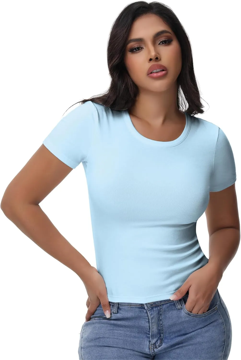 Womens T Shirts Basic Short Sleeve Crew Neck Slim Fit Tees Summer Workout Casual Bodycon Tops 2025