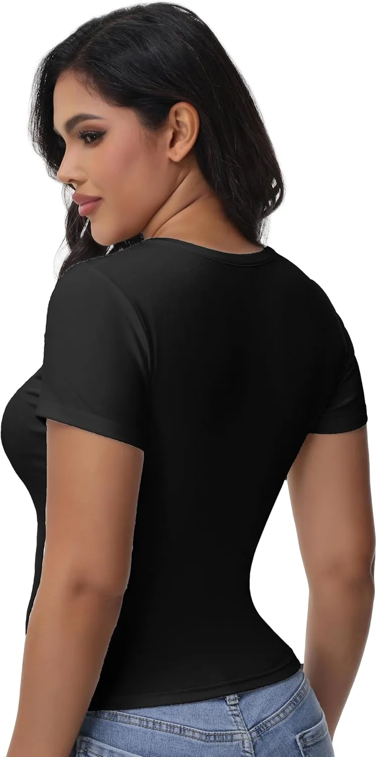 Womens T Shirts Basic Short Sleeve Crew Neck Slim Fit Tees Summer Workout Casual Bodycon Tops 2025