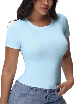 Womens T Shirts Basic Short Sleeve Crew Neck Slim Fit Tees Summer Workout Casual Bodycon Tops 2025