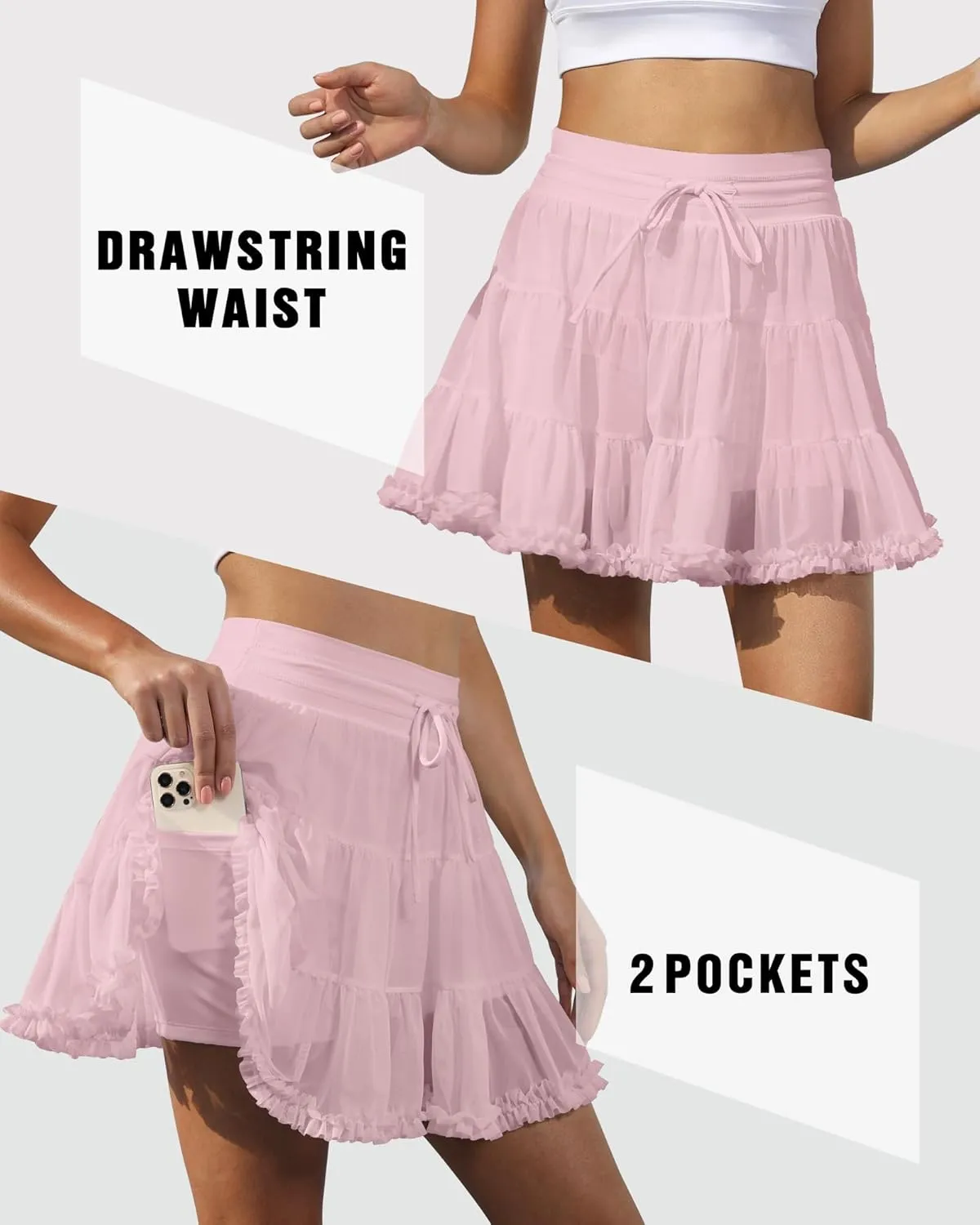 Women's Tennis Skirt with Shorts High Waisted Golf Athletic Skirts with 2 Pockets Pleated Tulle Skort Ruffle