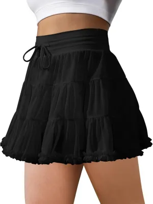 Women's Tennis Skirt with Shorts High Waisted Golf Athletic Skirts with 2 Pockets Pleated Tulle Skort Ruffle