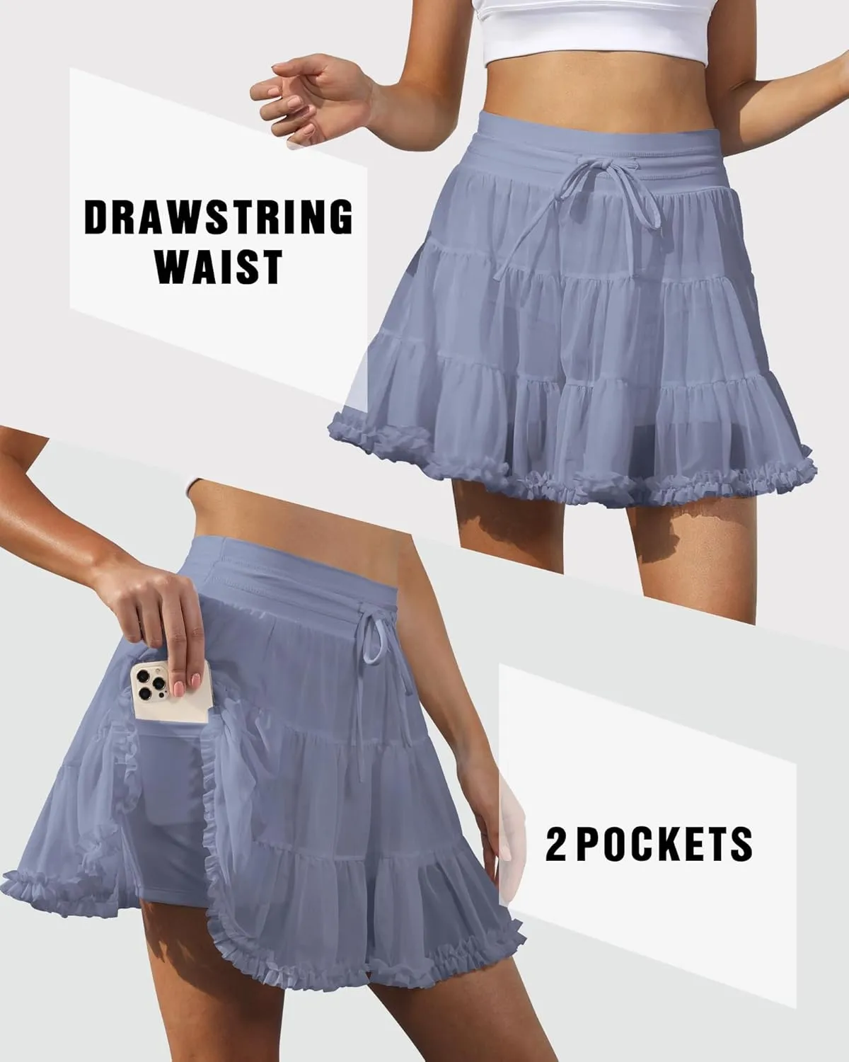 Women's Tennis Skirt with Shorts High Waisted Golf Athletic Skirts with 2 Pockets Pleated Tulle Skort Ruffle