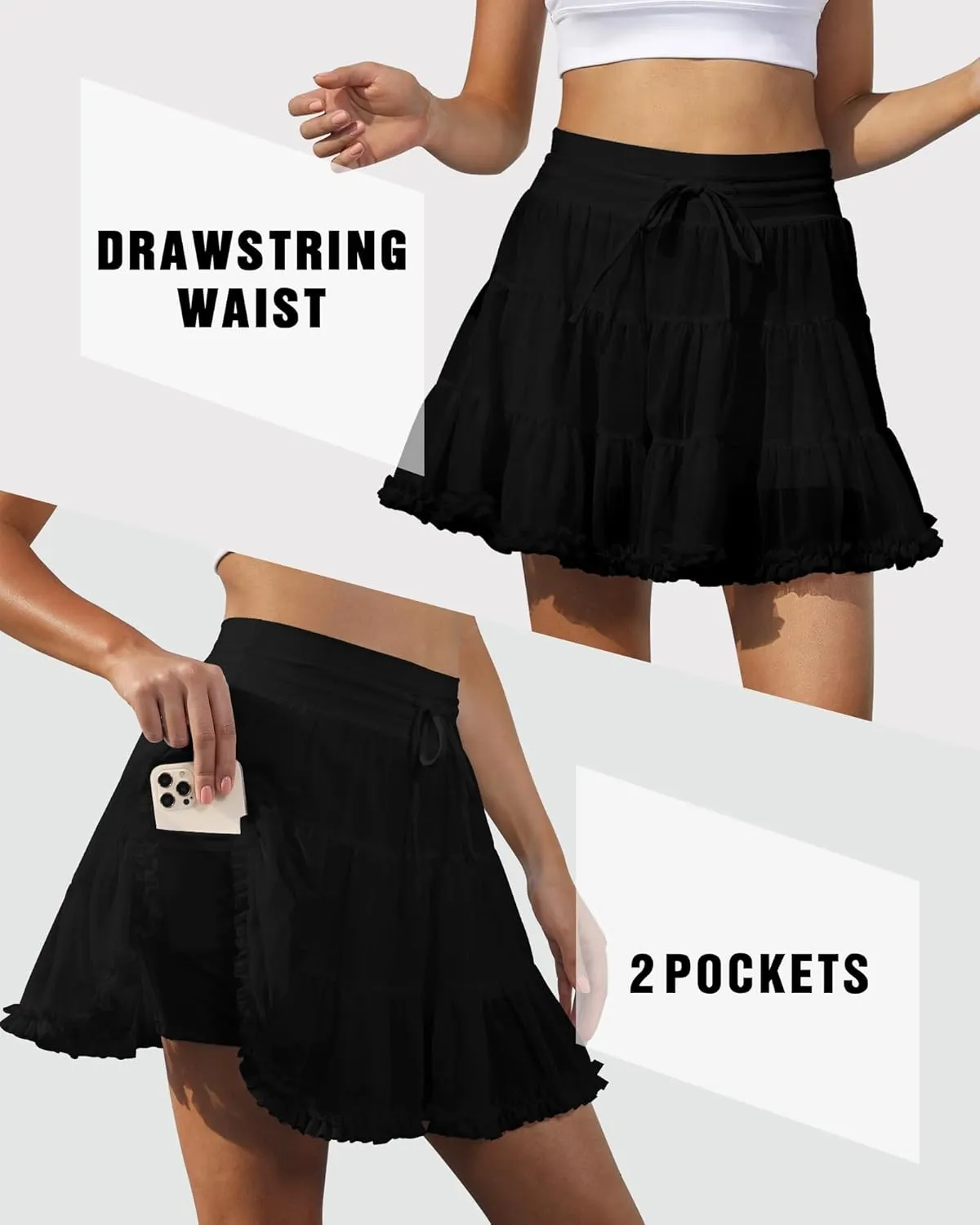 Women's Tennis Skirt with Shorts High Waisted Golf Athletic Skirts with 2 Pockets Pleated Tulle Skort Ruffle