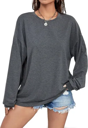 Womens Tops Long Sleeve Shirts Solid Drop Shoulder Tee Casual Basic Crewneck Tee Loose Blouses