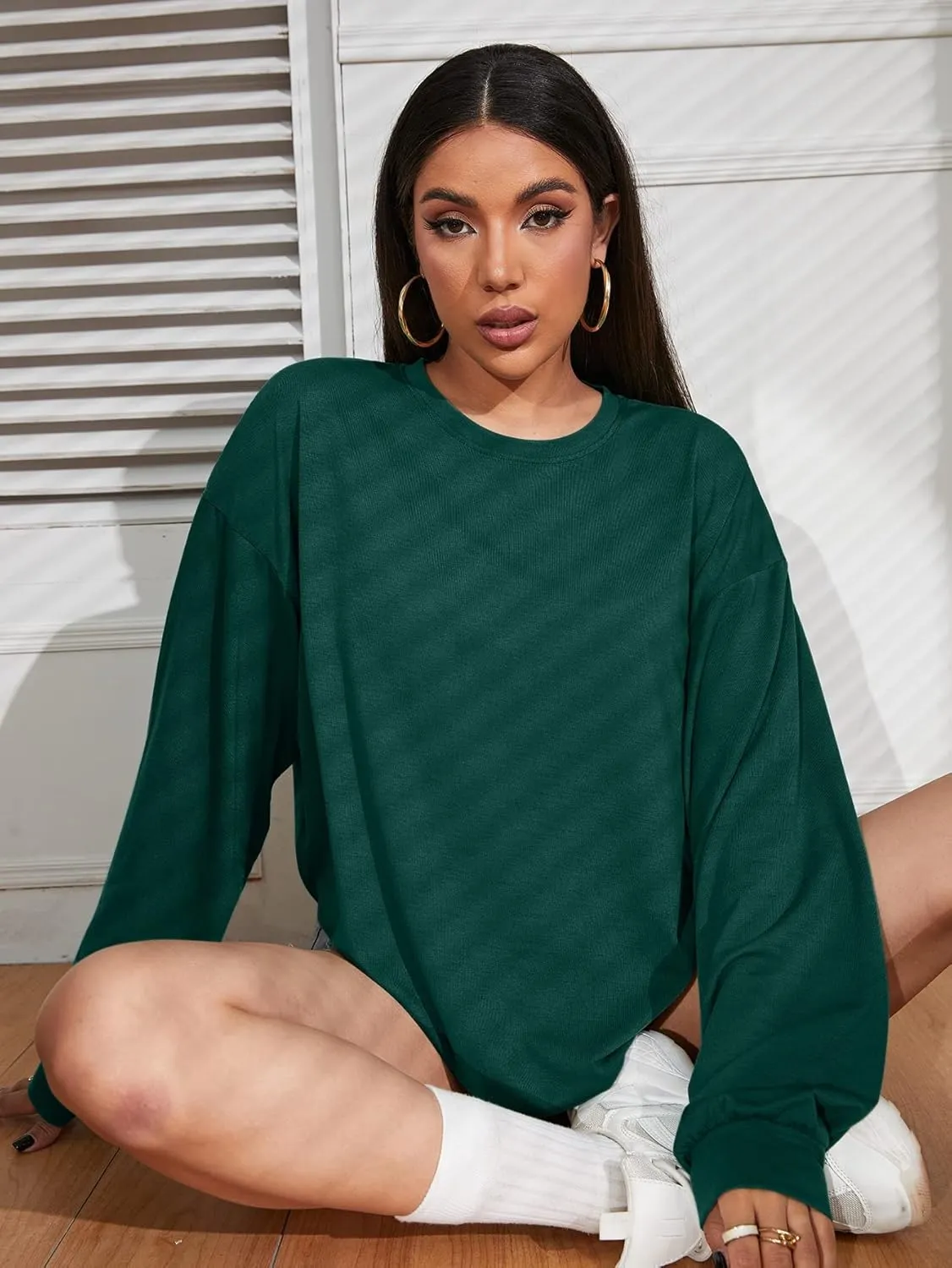Womens Tops Long Sleeve Shirts Solid Drop Shoulder Tee Casual Basic Crewneck Tee Loose Blouses