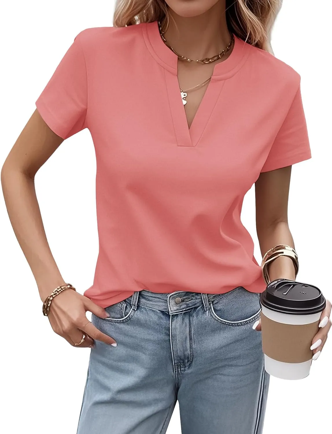 Women's V Neck T-Shirts 2025 Trendy Summer Short Sleeve Casual Tees Slim Fit Basic Tops for Work