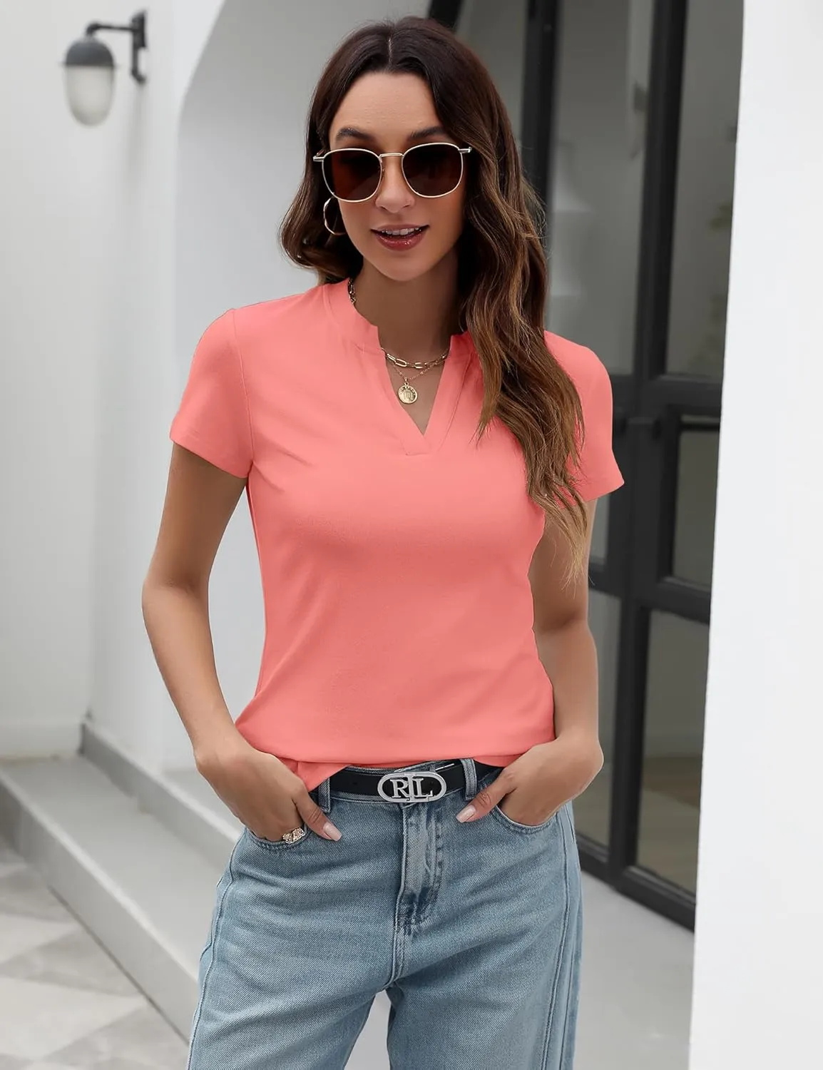 Women's V Neck T-Shirts 2025 Trendy Summer Short Sleeve Casual Tees Slim Fit Basic Tops for Work