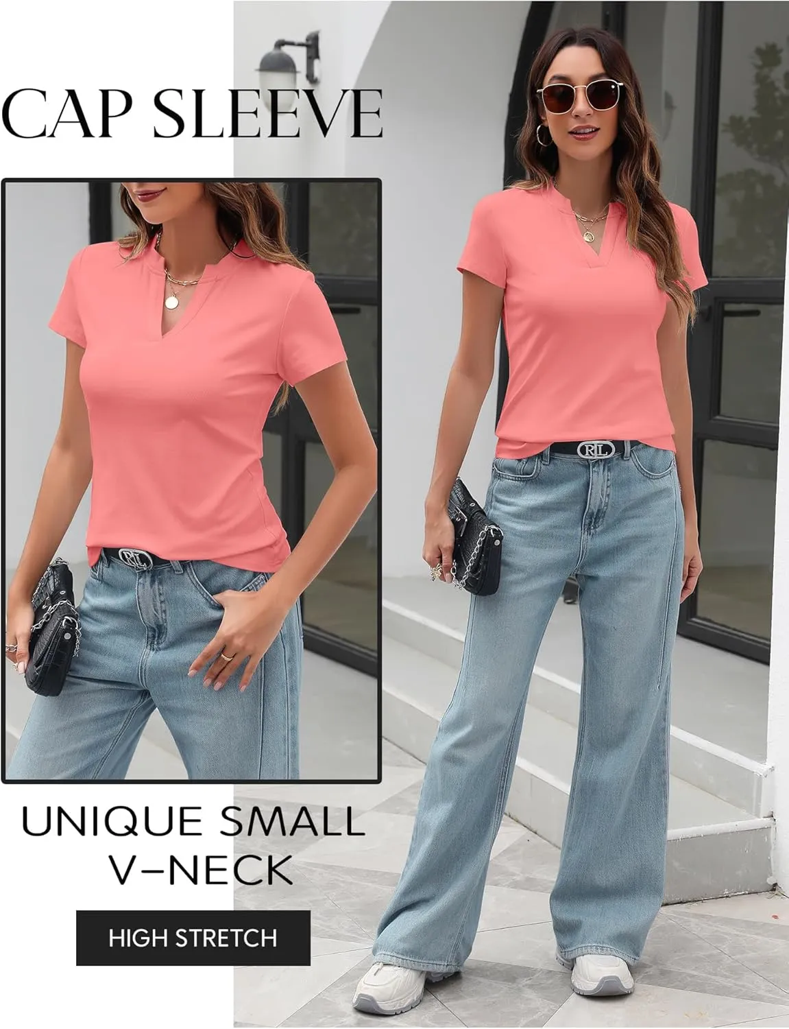 Women's V Neck T-Shirts 2025 Trendy Summer Short Sleeve Casual Tees Slim Fit Basic Tops for Work
