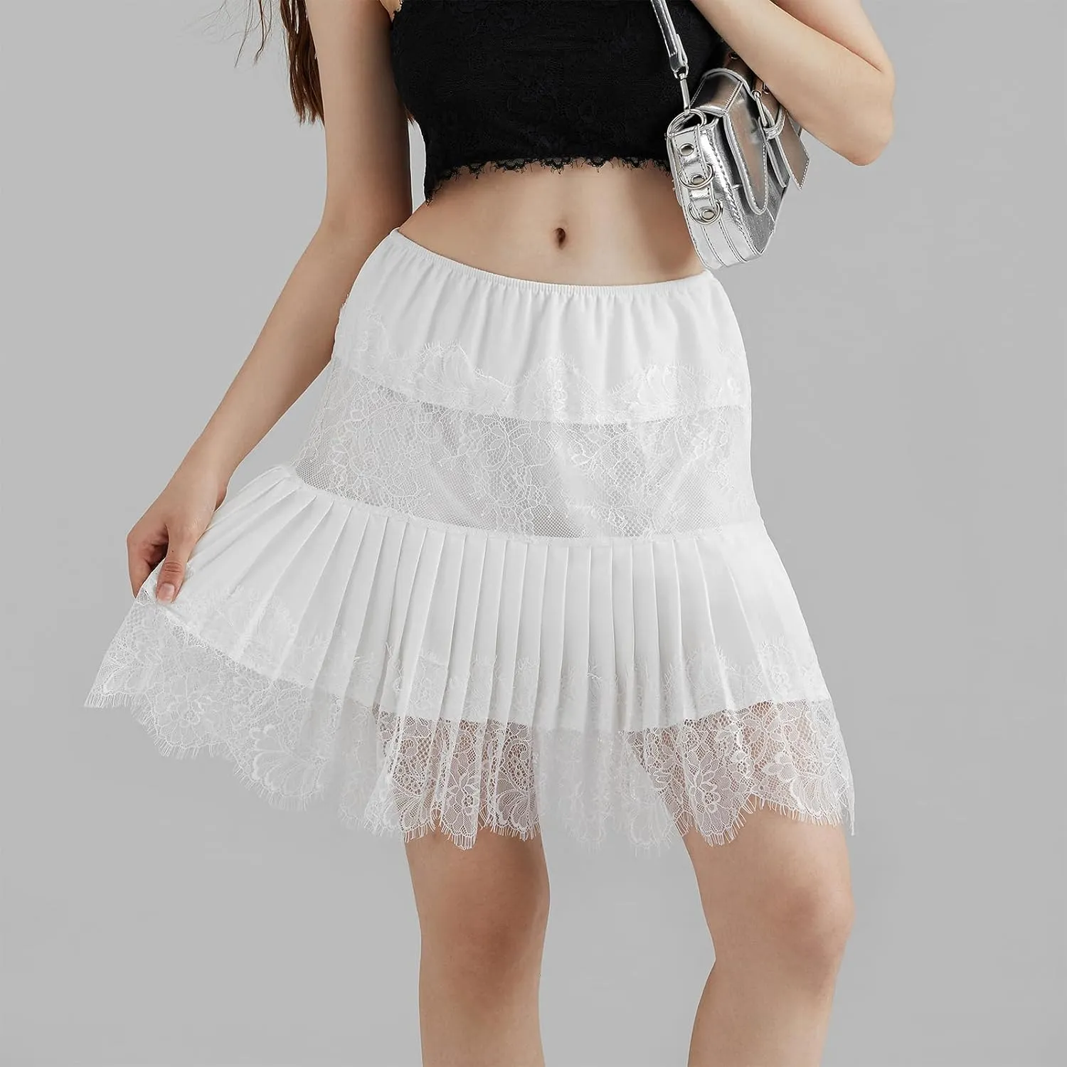 Women's Y2K Lace Ruffle Pleated Skirts Mid-Waist Half Slip Skirt Trendy Streetwear for Casual Daily Club Party