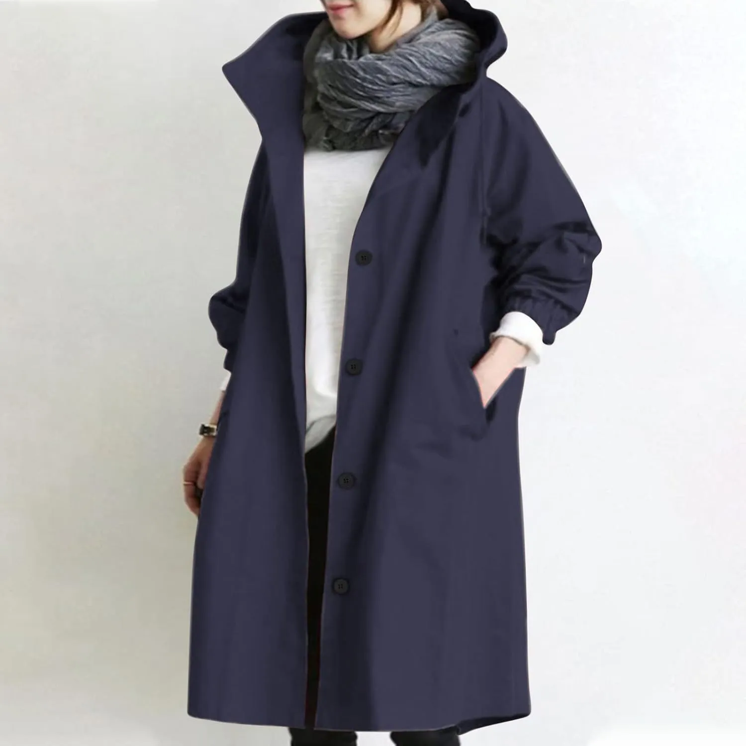 XUNRYAN Plus Size Women's Trench Jackets Rain Jacket Loose Hooded Oversized Elegant Windbreaker Comfortable Coat Outwear
